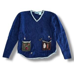 Erika & Co Vintage Embroidered‎ Leaf Sweater Navy Blue M Fall Cottagecore
